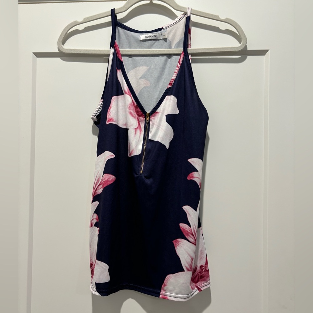blue and pink floral tank top with zipper - Size S